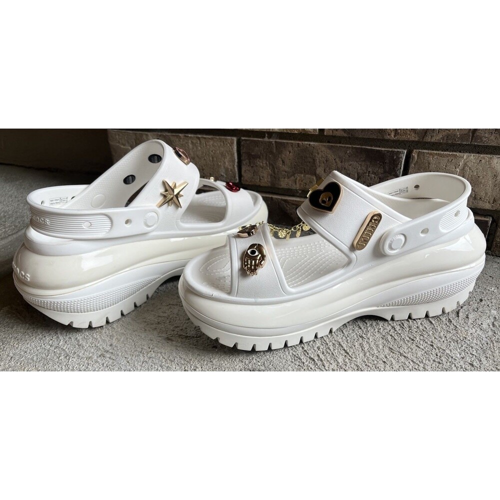 Crocs Mega Crush Women's 9 Men's 7 Platform Sandals - White w/ Jibbitz Charms - Picture 11 of 16